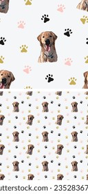 Golden retriever dog smiling face. Golden Retriever Peeking dog.  Seamless pattern with dogs and paws, holiday texture. Square format. Loving character, greeting card, holiday wallpaper, clipart set.