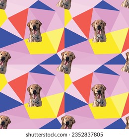 Golden retriever dog smiling face. Golden Retriever Peeking dog on a mosaic geometric background. Geometric, polygon artwork with Lab heads. Simple, clean, modern texture with Labradors. Christmas.