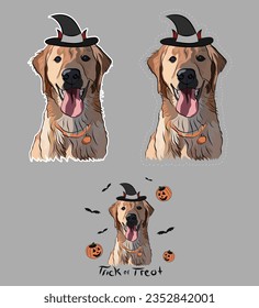 Golden retriever dog smiling face in a hat, Halloween stickers with border line. Golden Retriever smiling Face, Pet detailed artwork with bats and pumpkin, Labrador, Lab icon. Celebration asset. Card.