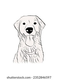 Golden retriever dog smiling face, white and black illustration. Golden Retriever Peeking dog stroke, outlines. Happy Labrador face doodles, Lab lines. Line art, silhouette. simple dog graphic.