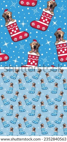 Golden retriever dog smiling face peeking out the Christmas stocking. Golden Retriever Merry Christmas background, Labrador, Lab holiday pattern. Dog with paws, Winter wallpaper with snowflakes, socks Stock photo © 