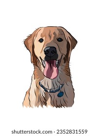 Golden retriever dog smiling portrait. Golden Retriever Peeking dog. Happy Face of retriever, Pet detailed artwork, isolated Labrador Dog, line art. Loving character, greeting card. 