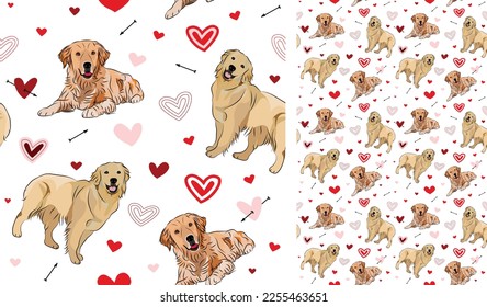 Golden Retriever Hund Valentins Tagesherz Wallpaper. Liebesdoodles Herzen mit Haustieren Urlaubsgefühl. quadratischer Hintergrund, wiederholbares Muster. Valentinstag-Tapete, Valentinvortrag, Fliesen