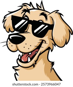 golden retriever dog vector smiling face with sunglasses | A cute Happy golden retriever dog face cartoon illustration, lab dog breed clip art element design with tongue out, Dog Face.