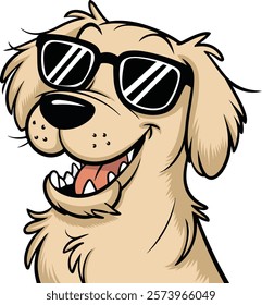 golden retriever dog vector smiling face with sunglasses | A cute Happy golden retriever dog face cartoon illustration, lab dog breed clip art element design with tongue out, Dog Face.