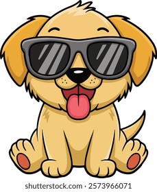 golden retriever dog vector smiling face with sunglasses | A cute Happy golden retriever dog face cartoon illustration, lab dog breed clip art element design with tongue out, Dog Face.