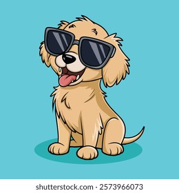 golden retriever dog vector smiling face with sunglasses | A cute Happy golden retriever dog face cartoon illustration, lab dog breed clip art element design with tongue out, Dog Face.