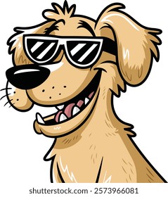 golden retriever dog vector smiling face with sunglasses | A cute Happy golden retriever dog face cartoon illustration, lab dog breed clip art element design with tongue out, Dog Face.