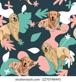 Golden Retriever dog wallpaper with leaves, palms, flowers, plants. Pastel green, pink, navy. Holiday abstract natural shapes. Seamless floral background with dogs, repeatable pattern.Birthday.