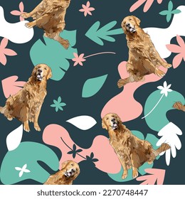 Golden Retriever dog wallpaper with leaves, palms, flowers, plants. Pastel green, pink, navy. Holiday abstract natural shapes. Seamless floral background with dogs, repeatable pattern.Birthday.