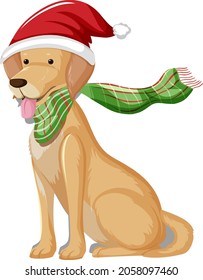 Golden Retriever Dog wearing Christmas hat cartoon character  illustration