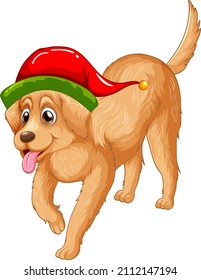 Golden retriever dog wearing Christmas hat illustration