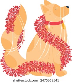 Golden retriever dog wrapped red Christmas garland, sitting, isolated white background. Cartoonstyle illustration, festive decoration, pet adornment, holiday theme. Dogs collar, tag, cheerful