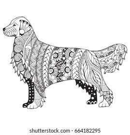 Golden retriever dog zentangle stylized, vector, illustration, freehand pencil, pattern. Zen art. Black and white illustration on white background. Adult anti-stress coloring book.