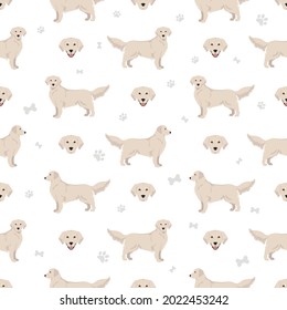Golden retriever dogs in different poses and coat colors seamless pattern. Vector illustration