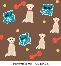 Golden retriever dogs in different poses and coat colors. Seamless pattern. Adult goldies and puppy set. Vector illustration