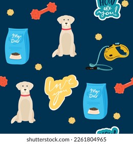 Golden retriever dogs in different poses and coat colors. Seamless pattern. Adult goldies and puppy set. Vector illustration