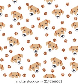 Golden retriever dogs muzzle seamless pattern. Paw prints and bones