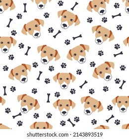 Golden retriever dogs muzzle seamless pattern. Paw prints and bones