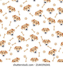 Golden retriever dogs muzzle seamless pattern. Paw prints and bones