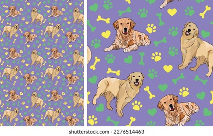 Golden Retriever dogs on a playful violet background with bones, hearts, paws. Funky, colorful vibe, vibrant palette. Simple, clean, modern texture. Summer seamless pattern with dogs.Birthday present.