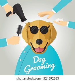 Golden Retriever getting groomed at pet grooming salon.