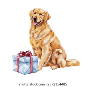 golden retriever with giftbox watercolor vector illustration