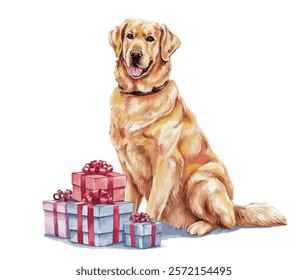 golden retriever with giftbox watercolor vector illustration