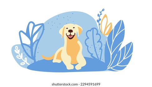  Golden Retriever hides in the bushes and peeps. Advertising banner, poster with Labrador for web, cafes, hotels. Pets are welcome. Emotional support banner with puppy. Pet-friendly place for animal