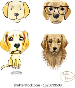golden retriever, hungry, vector character icon set