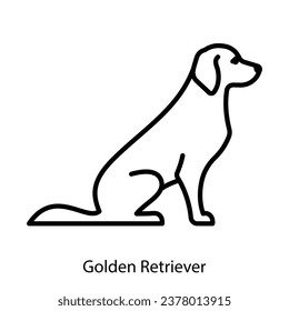 Golden Retriever Symbol. Reinrassiger Hund sitzend, seitlicher Blick. Haustier-Schild der Rasse im minimalistischen Stil. Bearbeitbare Striche, dünne Linie, für Etiketten, Tierladen, Hunde Ernährung.