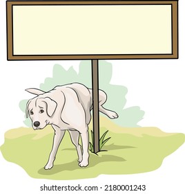 Golden retriever, labrador, mastiff,  The dog is peeing, on a pole, a blank board for entering text, illustration, vector, cartoon, 