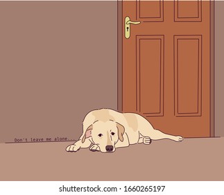 A golden retriever is lying at the door with a lonely look and waiting for someone. hand drawn style vector design illustrations. 