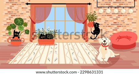 Golden Retriever on a wooden floor with a white carpet. Advertising banner, poster with Labrador. Pets are welcome. Interior for pet-friendly animal lovers with a white dog and black cats.