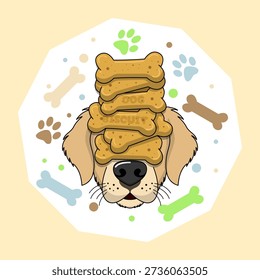 A golden retriever performs a balancing act with a bone biscuit on its nose. National Dog Biscuit Day, February 23rd