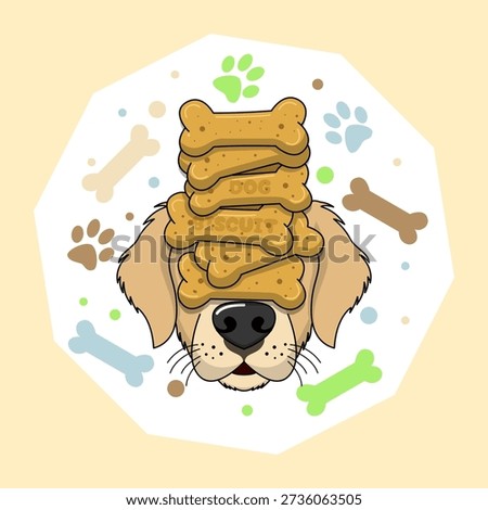 A golden retriever performs a balancing act with a bone biscuit on its nose. National Dog Biscuit Day, February 23rd