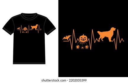Golden Retriever Pumpkin Heartbeat Spider Web Funny Halloween T-Shirt