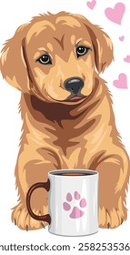 Golden Retriever puppy dog with coffee mug. Vector