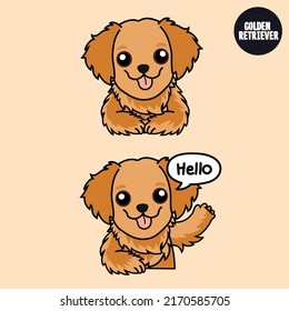 Golden retriever puppy dog with a smile and hello action. 2D cute cartoon character design in flat style.