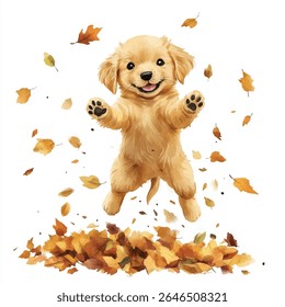 A golden retriever puppy leaps playfully amidst falling autumn leaves, rendered in a watercolor style with a happy, open-mouthed expression.