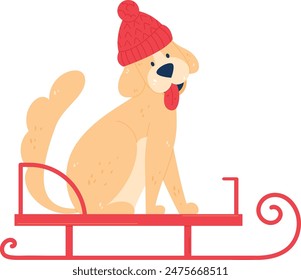 Golden retriever cachorro con gorro rojo sentado trineo ilustración de invierno. Lindo perro sentado en trineo disfrute de la estación fría aislado fondo blanco. Adorable fiesta de deportes de invierno caninos juguetones