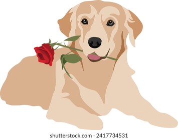 Golden Retriever with Rose Minimal Cutout Flat Vector Illustration for Valentine's Day