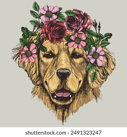 Golden retriever in a rose wreath. Hand-drawn vector illustration for your animal design.