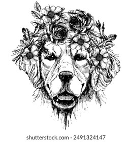 Golden retriever in a rose wreath. Hand-drawn vector illustration for your animal design.