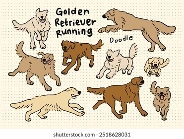 Golden Retriever Running Dog mão desenhada Doodle Set