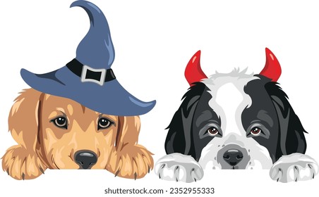 Golden Retriever and Saint Bernard puppies in fancy accessories. Vector