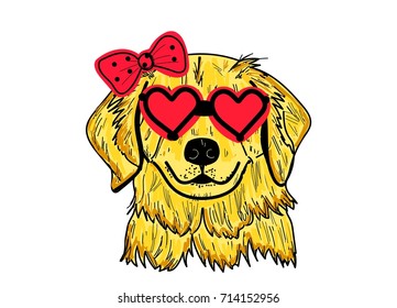 Golden retriever vector red bow heart sunglasses puppy isolated animal character wallpaper pet design funny decoration idea