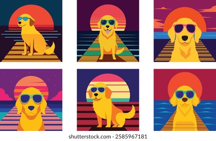 A golden retriever wearing neon sunglasses on a sun