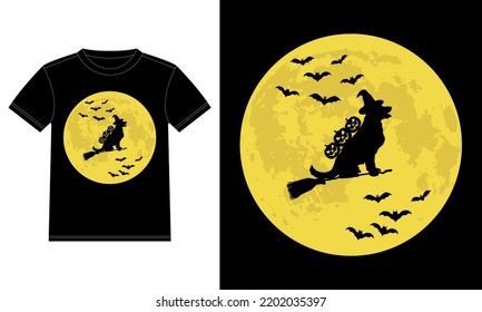 Golden Retriever Witch in Moon Funny Halloween T-Shirt