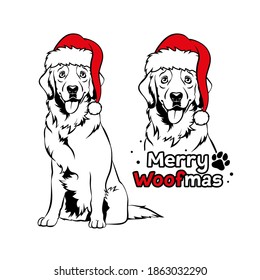 Golden retriver with Santa hat. Christmas Labrador dog portrait. Merry woofmas text. Vector illustration